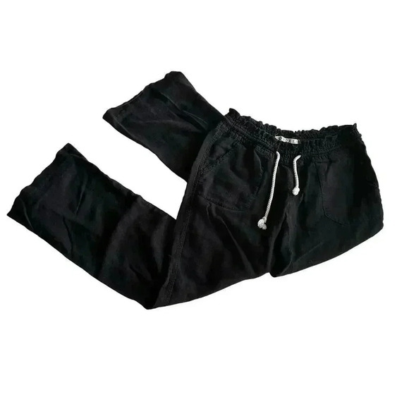 Black linen blend straight leg pants with drawstring and pockets women’s small - Picture 3 of 7